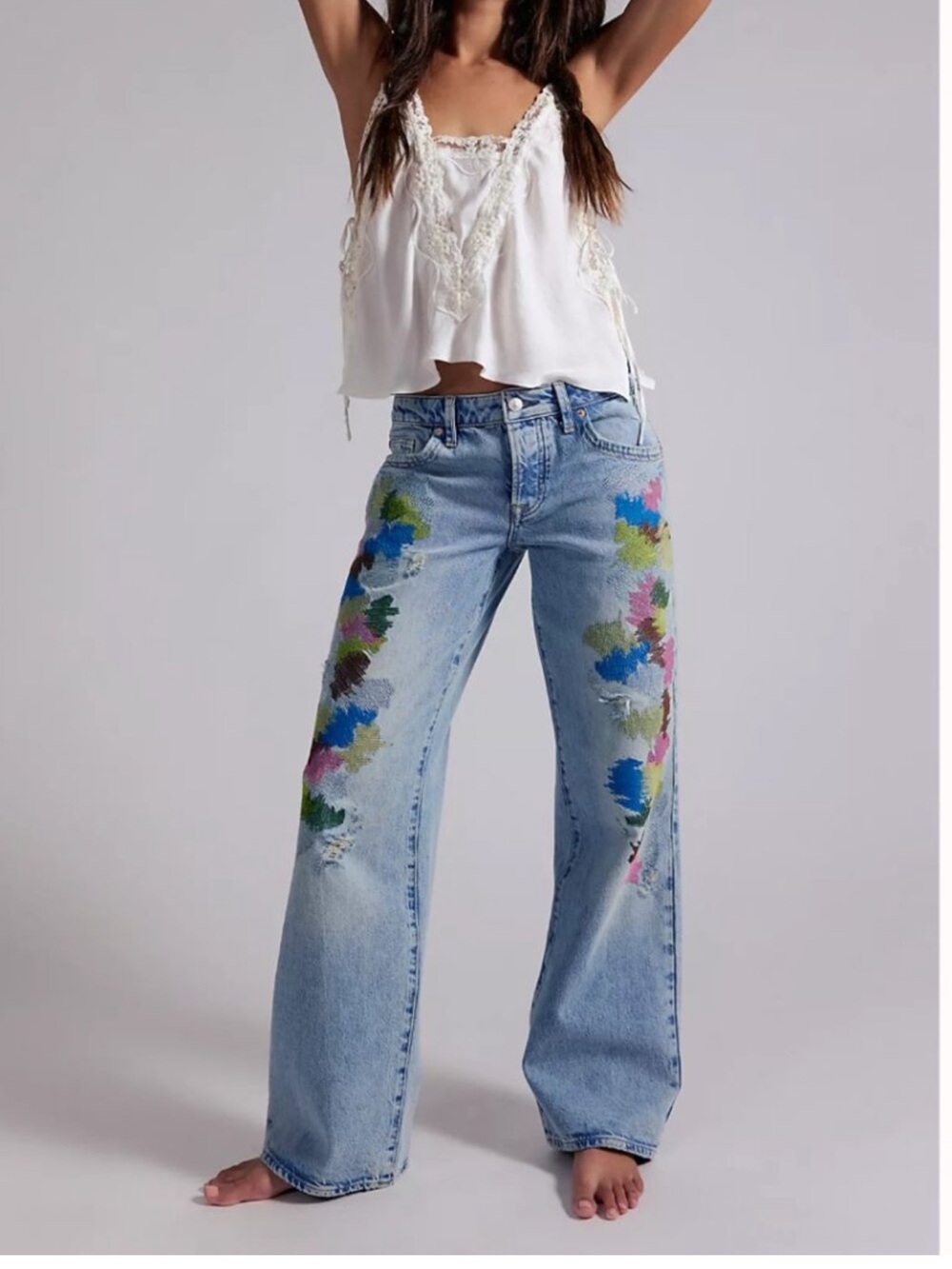 Free People DreamCircuit white Wash Wide-Leg Jeans with Floral Paint Detail